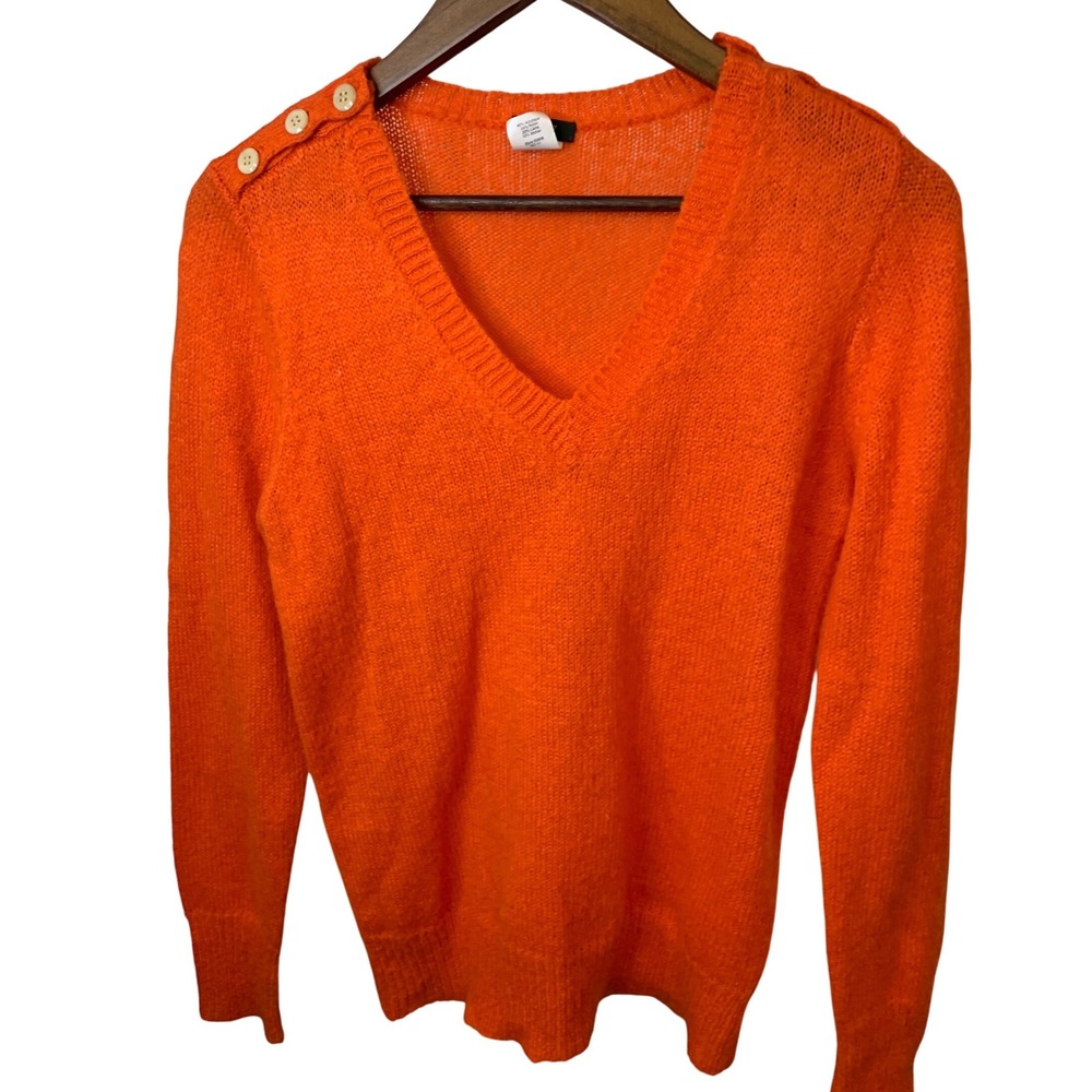 J.Crew Orange Mohair Wool Blend Sweater Women's Medium V Neck Button Shoulder